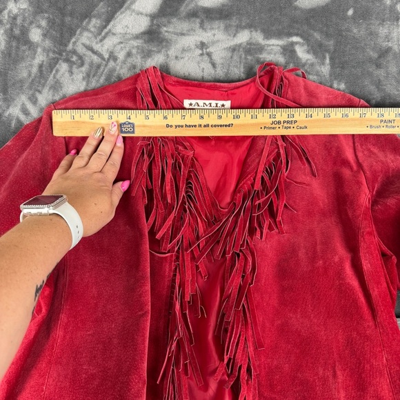 Vintatge Ami Red Leather Western Style Fringe Jacket Size Large Rodeo Cow Girl - Picture 12 of 13